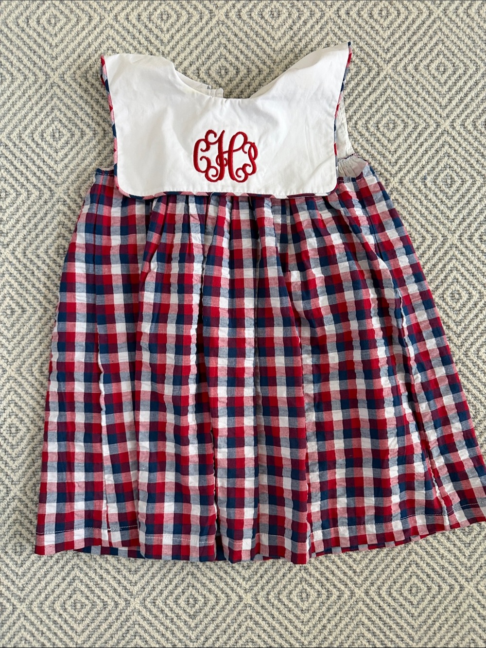 Cecil and Lou Girls' Red, Blue & White Plaid Dress with White Bib